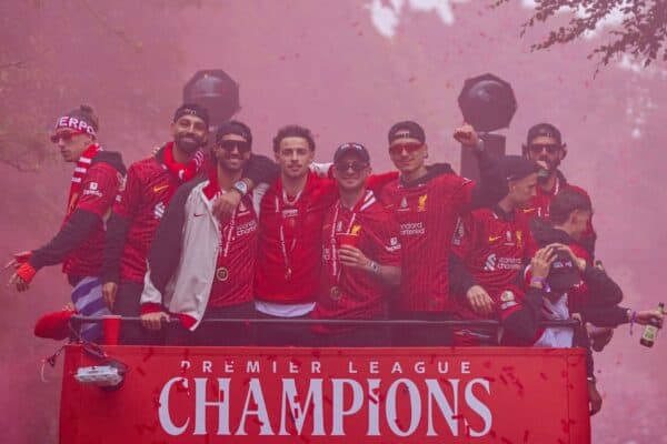 LIVERPOOL, ENGLAND - Monday, May 26, 2025: Liverpool's Kostas Tsimikas, Mohamed Salah, Dominik Szoboszlai, Curtis Jones, Alexis Mac Allister, Darwin Núñez during an open top bus parade through the city as the Reds celebrate winning the FA Premier League and becoming Champions of England for the 20th time. (Photo by David Rawcliffe/Propaganda)