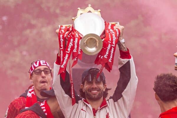 LIVERPOOL, ENGLAND - Monday, May 26, 2025: Liverpool's Dominik Szoboszlai celebrates with the trophy during an open top bus parade through the city as the Reds celebrate winning the FA Premier League and becoming Champions of England for the 20th time. (Photo by David Rawcliffe/Propaganda)