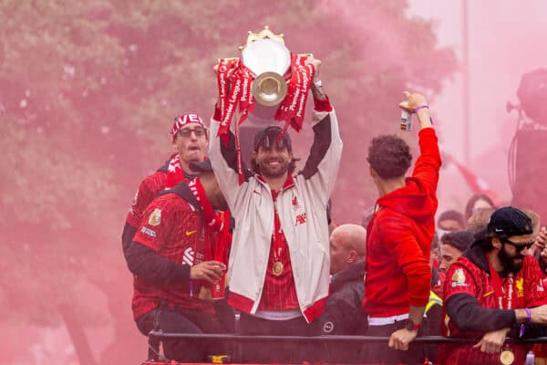 LIVERPOOL, ENGLAND - Monday, May 26, 2025: Liverpool's Dominik Szoboszlai celebrates with the trophy during an open top bus parade through the city as the Reds celebrate winning the FA Premier League and becoming Champions of England for the 20th time. (Photo by David Rawcliffe/Propaganda)