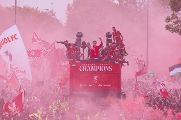 LIVERPOOL, ENGLAND - Monday, May 26, 2025: Liverpool players during an open top bus parade through the city as the Reds celebrate winning the FA Premier League and becoming Champions of England for the 20th time. (Photo by David Rawcliffe/Propaganda)