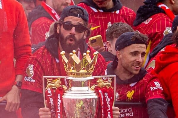 LIVERPOOL, ENGLAND - Monday, May 26, 2025: Liverpool's Mohamed Salah, Dominik Szoboszlai, Curtis Jones, Alisson Becker, Diogo Jota during an open top bus parade through the city as the Reds celebrate winning the FA Premier League and becoming Champions of England for the 20th time. (Photo by David Rawcliffe/Propaganda)