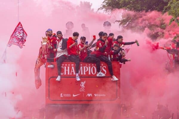 LIVERPOOL, ENGLAND - Monday, May 26, 2025: Liverpool's Mohamed Salah, Dominik Szoboszlai, Curtis Jones, Alexis Mac Allister, Darwin Núñez during an open top bus parade through the city as the Reds celebrate winning the FA Premier League and becoming Champions of England for the 20th time. (Photo by David Rawcliffe/Propaganda)