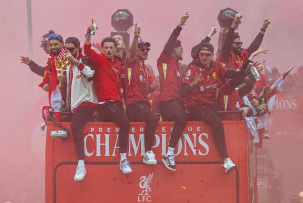 LIVERPOOL, ENGLAND - Monday, May 26, 2025: Liverpool's Mohamed Salah, Dominik Szoboszlai, Curtis Jones, Alexis Mac Allister, Luis Díaz, Darwin Núñez during an open top bus parade through the city as the Reds celebrate winning the FA Premier League and becoming Champions of England for the 20th time. (Photo by David Rawcliffe/Propaganda)