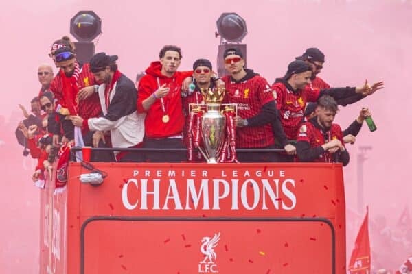 LIVERPOOL, ENGLAND - Monday, May 26, 2025: Liverpool's Curtis Jones, Luis Díaz and Darwin Núñez during an open top bus parade through the city as the Reds celebrate winning the FA Premier League and becoming Champions of England for the 20th time. (Photo by David Rawcliffe/Propaganda)