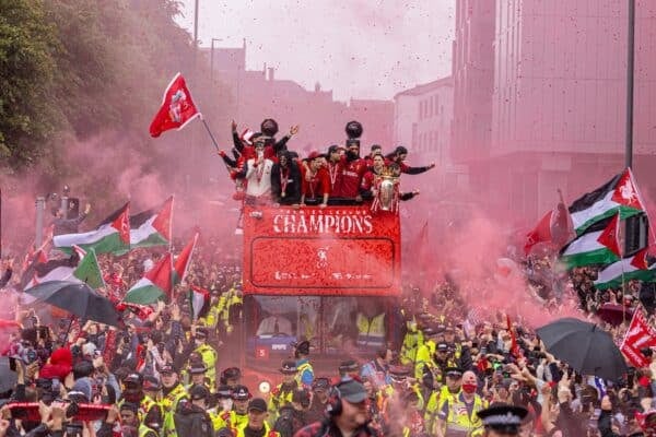LIVERPOOL, ENGLAND - Monday, May 26, 2025: Liverpool players during an open top bus parade through the city as the Reds celebrate winning the FA Premier League and becoming Champions of England for the 20th time. (Photo by David Rawcliffe/Propaganda)