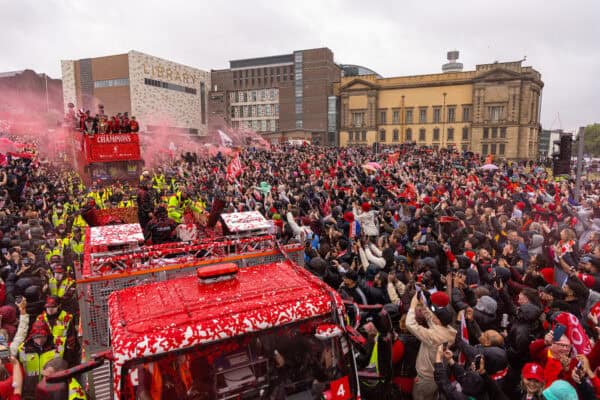 LIVERPOOL, ENGLAND - Monday, May 26, 2025: Liverpool players and supporters during an open top bus parade through the city as the Reds celebrate winning the FA Premier League and becoming Champions of England for the 20th time. (Photo by David Rawcliffe/Propaganda)