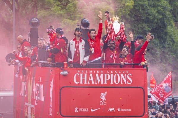 LIVERPOOL, ENGLAND - Monday, May 26, 2025: Liverpool's goalkeeper Alisson Becker lifts the trophy during an open top bus parade through the city as the Reds celebrate winning the FA Premier League and becoming Champions of England for the 20th time. (Photo by David Rawcliffe/Propaganda)