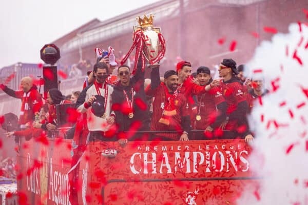 LIVERPOOL, ENGLAND - Monday, May 26, 2025: Liverpool's Trent Alexander-Arnold (L) and Mohamed Salah during an open top bus parade through the city as the Reds celebrate winning the FA Premier League and becoming Champions of England for the 20th time. (Photo by David Rawcliffe/Propaganda)