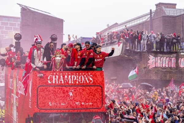 LIVERPOOL, ENGLAND - Monday, May 26, 2025: Liverpool's Trent Alexander-Arnold (L) and Mohamed Salah during an open top bus parade through the city as the Reds celebrate winning the FA Premier League and becoming Champions of England for the 20th time. (Photo by David Rawcliffe/Propaganda)
