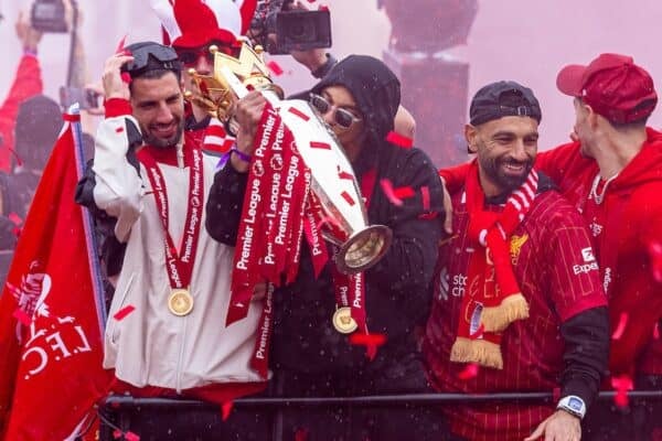 LIVERPOOL, ENGLAND - Monday, May 26, 2025: Liverpool's Trent Alexander-Arnold kisses the trophy during an open top bus parade through the city as the Reds celebrate winning the FA Premier League and becoming Champions of England for the 20th time. (Photo by David Rawcliffe/Propaganda)