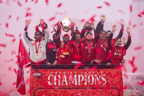 LIVERPOOL, ENGLAND - Monday, May 26, 2025: Liverpool's Dominik Szoboszlai, Mohamed Salah, Luis Díaz, Darwin Núñez, Diogo Jota during an open top bus parade through the city as the Reds celebrate winning the FA Premier League and becoming Champions of England for the 20th time. (Photo by David Rawcliffe/Propaganda)