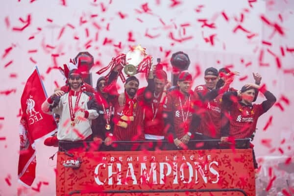 LIVERPOOL, ENGLAND - Monday, May 26, 2025: Liverpool's Dominik Szoboszlai, Mohamed Salah, Luis Díaz, Darwin Núñez, Diogo Jota during an open top bus parade through the city as the Reds celebrate winning the FA Premier League and becoming Champions of England for the 20th time. (Photo by David Rawcliffe/Propaganda)