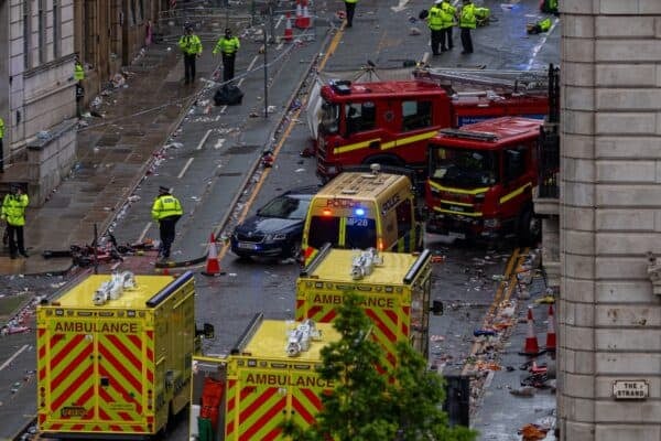 LIVERPOOL, ENGLAND - Monday, May 26, 2025: Emergancy service vehicles and responders in Water Street after a car drove into supporters attending Liverpool's open-top bus parade through the city as the Reds celebrated winning the FA Premier League and becoming Champions of England for the 20th time. (Photo by Gary Oakley/Propaganda)