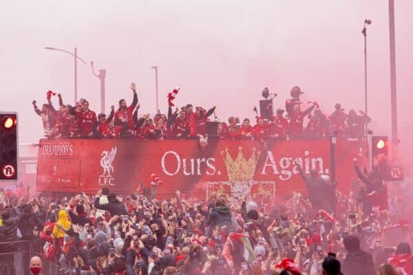 LIVERPOOL, ENGLAND - Monday, May 26, 2025: Liverpool players during an open top bus parade through the city as the Reds celebrate winning the FA Premier League and becoming Champions of England for the 20th time. (Photo by David Rawcliffe/Propaganda)