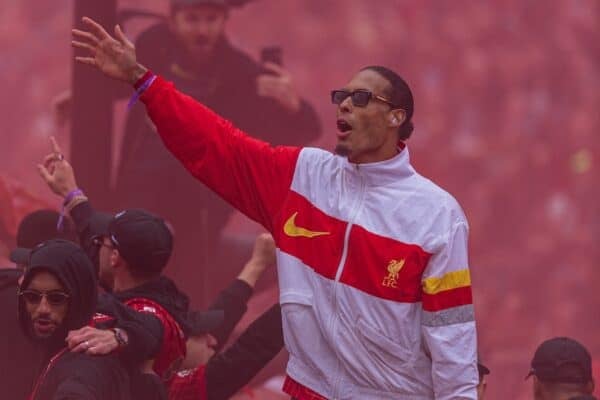 LIVERPOOL, ENGLAND - Monday, May 26, 2025: Liverpool's captain Virgil van Dijk with the trophy during an open top bus parade through the city as the Reds celebrate winning the FA Premier League and becoming Champions of England for the 20th time. (Photo by Gary Oakley/Propaganda)