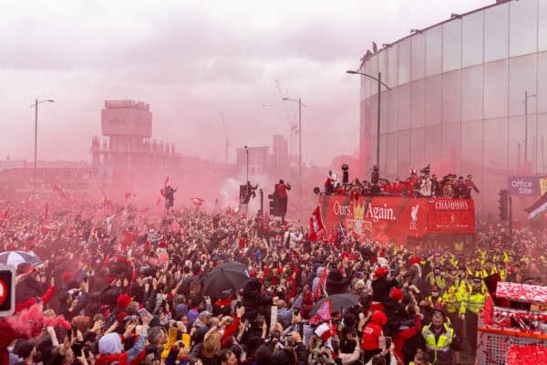 LIVERPOOL, ENGLAND - Monday, May 26, 2025: Liverpool players during an open top bus parade through the city as the Reds celebrate winning the FA Premier League and becoming Champions of England for the 20th time. (Photo by David Rawcliffe/Propaganda)