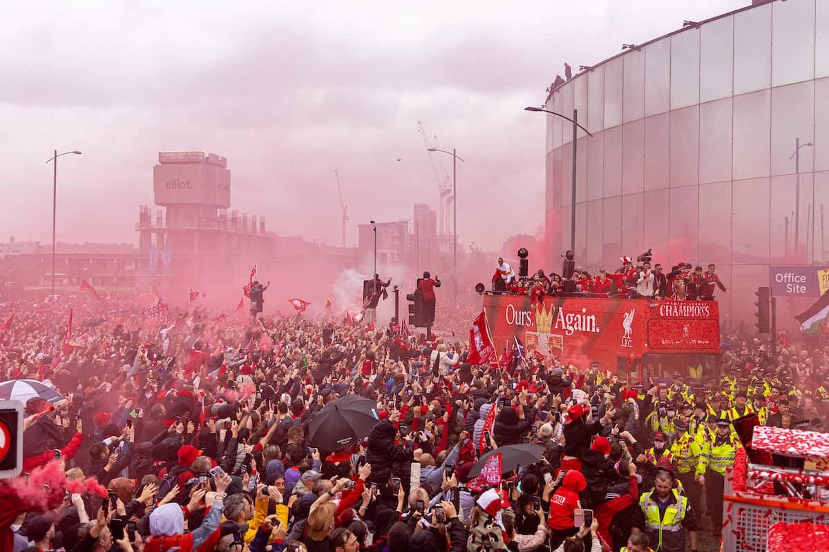 LIVERPOOL, ENGLAND - Monday, May 26, 2025: Liverpool players during an open top bus parade through the city as the Reds celebrate winning the FA Premier League and becoming Champions of England for the 20th time. (Photo by David Rawcliffe/Propaganda)