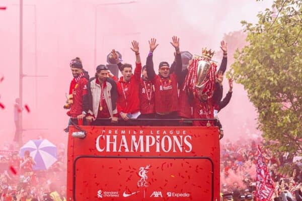 LIVERPOOL, ENGLAND - Monday, May 26, 2025: Liverpool's Mohamed Salah, Dominik Szoboszlai, Curtis Jones, Darwin Núñez, Conor Bradley during an open top bus parade through the city as the Reds celebrate winning the FA Premier League and becoming Champions of England for the 20th time. (Photo by David Rawcliffe/Propaganda)