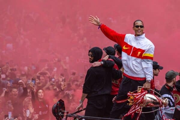 LIVERPOOL, ENGLAND - Monday, May 26, 2025: Liverpool's captain Virgil van Dijk with the trophy during an open top bus parade through the city as the Reds celebrate winning the FA Premier League and becoming Champions of England for the 20th time. (Photo by Gary Oakley/Propaganda)