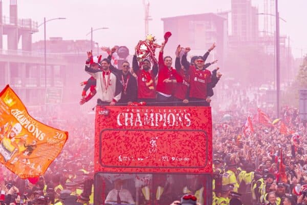 LIVERPOOL, ENGLAND - Monday, May 26, 2025: Liverpool's Dominik Szoboszlai, Trent Alexander-Arnold, Mohamed Salah, Curtis Jones, Darwin Núñez during an open top bus parade through the city as the Reds celebrate winning the FA Premier League and becoming Champions of England for the 20th time. (Photo by David Rawcliffe/Propaganda)