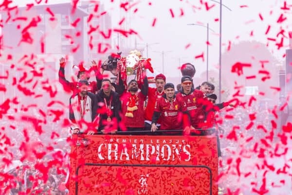 LIVERPOOL, ENGLAND - Monday, May 26, 2025: Liverpool's Dominik Szoboszlai, Trent Alexander-Arnold, Mohamed Salah, Curtis Jones, Luis Díaz, Darwin Núñez during an open top bus parade through the city as the Reds celebrate winning the FA Premier League and becoming Champions of England for the 20th time. (Photo by David Rawcliffe/Propaganda)
