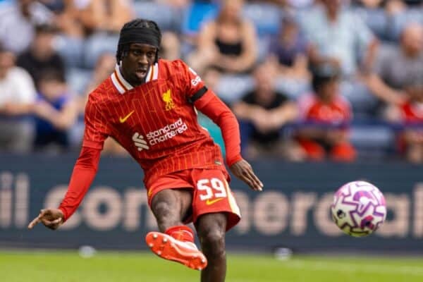 PRESTON, ENGLAND - Sunday, July 13, 2025: Liverpool's Jeremie Frimpong during a pre-season friendly match between Preston North End FC and Liverpool FC at Deepdale. (Photo by David Rawcliffe/Propaganda)