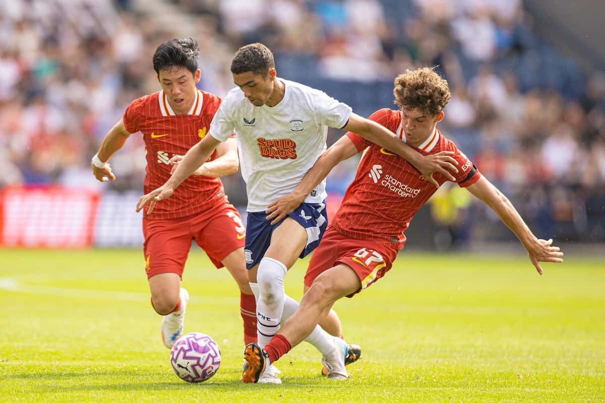 PRESTON, ENGLAND - Sunday, July 13, 2025: Liverpool's Wataru Endo and Lewis Koumas during a pre-season friendly match between Preston North End FC and Liverpool FC at Deepdale. (Photo by David Rawcliffe/Propaganda)