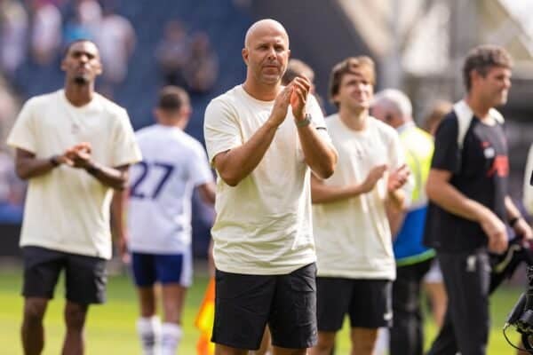 PRESTON, ENGLAND - Sunday, July 13, 2025: Liverpool's head coach Arne Slot claps the Liverpool fans as they chant Diogo Jota's song after a pre-season friendly match between Preston North End FC and Liverpool FC at Deepdale. (Photo by David Rawcliffe/Propaganda)