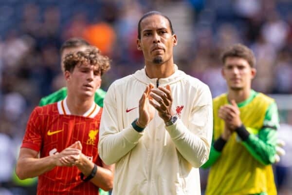 PRESTON, ENGLAND - Sunday, July 13, 2025: Liverpool's captain Virgil van Dijk looks upset as he applauds the Liverpool fans chanting Diogo Jota's song after a pre-season friendly match between Preston North End FC and Liverpool FC at Deepdale. (Photo by David Rawcliffe/Propaganda)