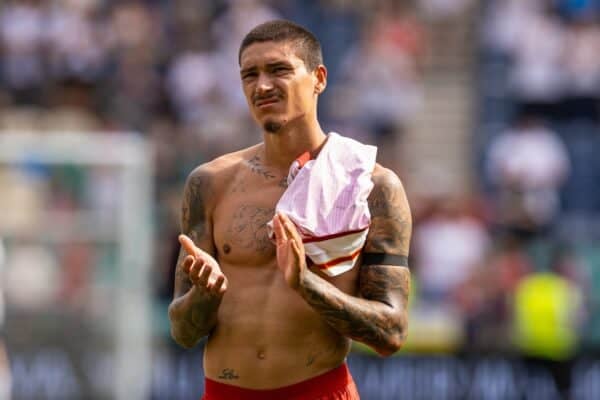 PRESTON, ENGLAND - Sunday, July 13, 2025: Liverpool's captain Darwin Núñez looks upset as he applauds the Liverpool fans chanting Diogo Jota's song after a pre-season friendly match between Preston North End FC and Liverpool FC at Deepdale. (Photo by David Rawcliffe/Propaganda)