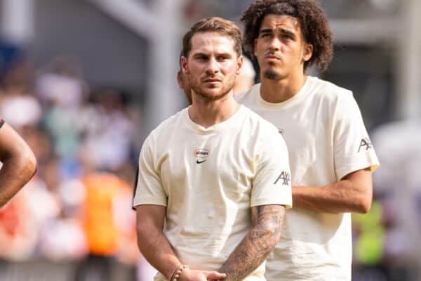 PRESTON, ENGLAND - Sunday, July 13, 2025: Liverpool's Alexis Mac Allister looks at the Liverpool fans after a pre-season friendly match between Preston North End FC and Liverpool FC at Deepdale. (Photo by David Rawcliffe/Propaganda)