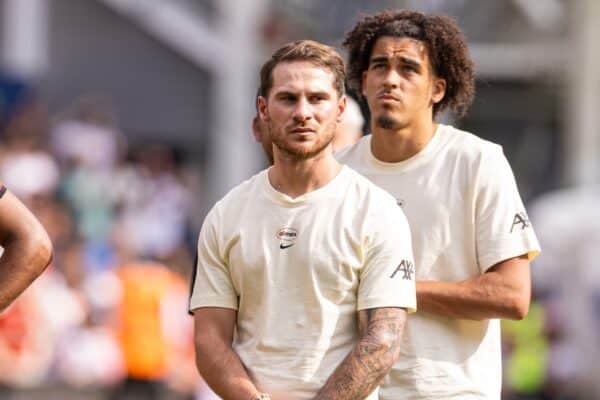 PRESTON, ENGLAND - Sunday, July 13, 2025: Liverpool's Alex Mac Allister looks at the Liverpool fans after a pre-season friendly match between Preston North End FC and Liverpool FC at Deepdale. (Photo by David Rawcliffe/Propaganda)
