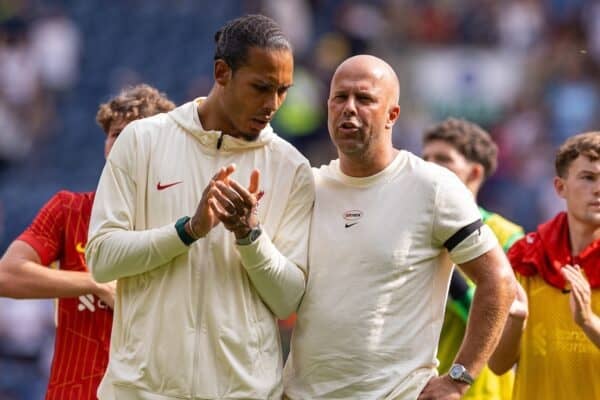 PRESTON, ENGLAND - Sunday, July 13, 2025: Liverpool's captain Virgil van Dijk and head coach Arne Slot look applaud the Liverpool fans after a pre-season friendly match between Preston North End FC and Liverpool FC at Deepdale. (Photo by David Rawcliffe/Propaganda)