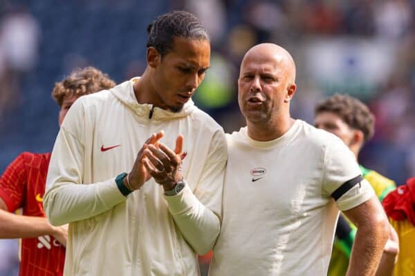 PRESTON, ENGLAND - Sunday, July 13, 2025: Liverpool's captain Virgil van Dijk and head coach Arne Slot look applaud the Liverpool fans after a pre-season friendly match between Preston North End FC and Liverpool FC at Deepdale. (Photo by David Rawcliffe/Propaganda)