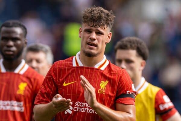 PRESTON, ENGLAND - Sunday, July 13, 2025: Liverpool's Milos Kerkez applauding the Liverpool fans following a pre-season friendly match between Preston North End FC and Liverpool FC at Deepdale. (Photo by David Rawcliffe/Propaganda)