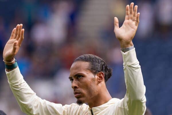 PRESTON, ENGLAND - Sunday, July 13, 2025: Liverpool's captain Virgil van Dijk waving at the Liverpool fans following a pre-season friendly match between Preston North End FC and Liverpool FC at Deepdale. (Photo by David Rawcliffe/Propaganda)