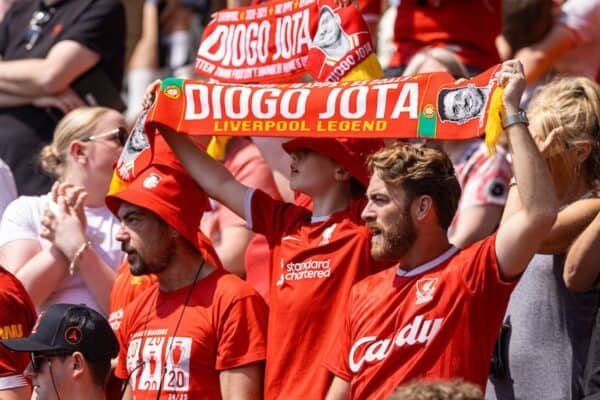 PRESTON, ENGLAND - Sunday, July 13, 2025: Liverpool fans holding a scarf holding up a scarf for Diogo Jota before a pre-season friendly match between Preston North End FC and Liverpool FC at Deepdale. (Photo by David Rawcliffe/Propaganda)