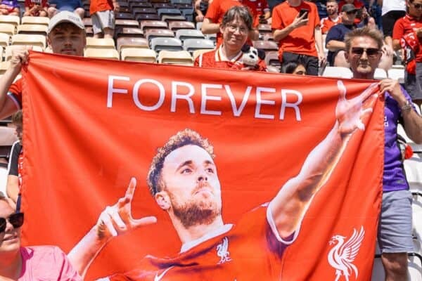 PRESTON, ENGLAND - Sunday, July 13, 2025: Liverpool fans holding a banner up in memory of Diogo Jota before a pre-season friendly match between Preston North End FC and Liverpool FC at Deepdale. (Photo by David Rawcliffe/Propaganda)