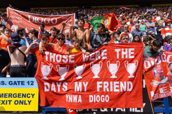 PRESTON, ENGLAND - Sunday, July 13, 2025: Liverpool fans holding a banner up in memory of Diogo Jota before a pre-season friendly match between Preston North End FC and Liverpool FC at Deepdale. (Photo by David Rawcliffe/Propaganda)