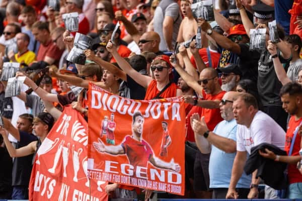 PRESTON, ENGLAND - Sunday, July 13, 2025: Liverpool fans holding up a picture of Diogo Jota and Andre Silva during a pre-season friendly match between Preston North End FC and Liverpool FC at Deepdale. (Photo by David Rawcliffe/Propaganda)