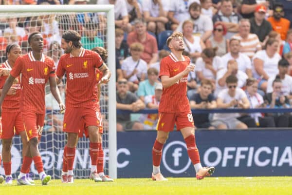 PRESTON, ENGLAND - Sunday, July 13, 2025: Liverpool's Conor Bradley celebrates after scoring the first goal during a pre-season friendly match between Preston North End FC and Liverpool FC at Deepdale. (Photo by David Rawcliffe/Propaganda)