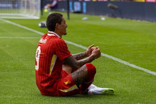 PRESTON, ENGLAND - Sunday, July 13, 2025: Liverpool's Darwin Núñez honours teammate Diogo Jota as he imitates his goal celebration during a pre-season friendly match between Preston North End FC and Liverpool FC at Deepdale. (Photo by David Rawcliffe/Propaganda)