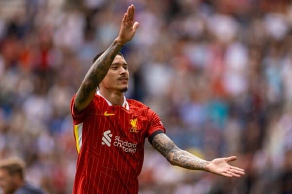 PRESTON, ENGLAND - Sunday, July 13, 2025: Liverpool's Darwin Núñez celebrates after scoring the second goal during a pre-season friendly match between Preston North End FC and Liverpool FC at Deepdale. (Photo by David Rawcliffe/Propaganda)