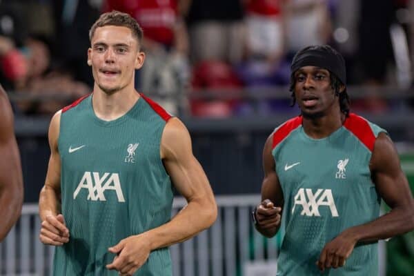 HONG KONG - Thursday, July 24, 2025: Liverpool's new signings Florian Wirtz (L) and Jeremie Frimpong during a training session at the Kai Tak Stadium in Hong Kong ahead of the Hong Kong Football Festival 2025 pre-season tournament, on Day Four of the club's Asia Tour. (Photo by David Rawcliffe/Propaganda)