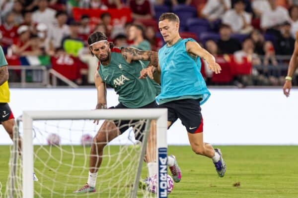 HONG KONG - Thursday, July 24, 2025: Liverpool's Dominik Szoboszlai (L) and Florian Wirtz during a training session at the Kai Tak Stadium in Hong Kong ahead of the Hong Kong Football Festival 2025 pre-season tournament, on Day Four of the club's Asia Tour. (Photo by David Rawcliffe/Propaganda)