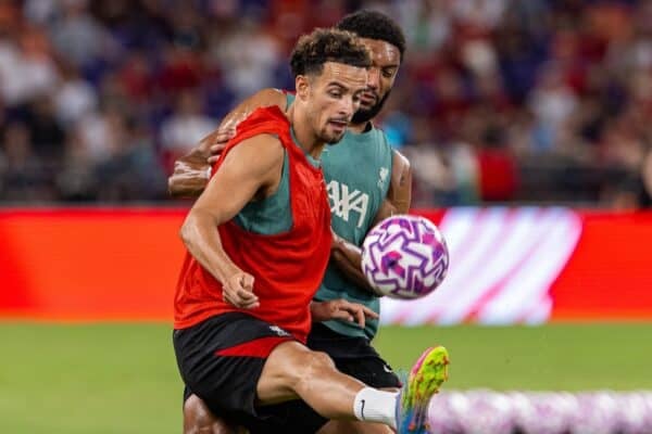 HONG KONG - Thursday, July 24, 2025: Liverpool's Curtis Jones (L) is challenged by Joe Gomez during a training session at the Kai Tak Stadium in Hong Kong ahead of the Hong Kong Football Festival 2025 pre-season tournament, on Day Four of the club's Asia Tour. (Photo by David Rawcliffe/Propaganda)