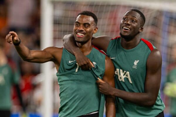 HONG KONG - Thursday, July 24, 2025: Liverpool's Ryan Gravenberch (L) and Ibrahima Konaté during a training session at the Kai Tak Stadium in Hong Kong ahead of the Hong Kong Football Festival 2025 pre-season tournament, on Day Four of the club's Asia Tour. (Photo by David Rawcliffe/Propaganda)
