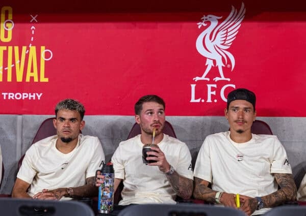 HONG KONG - Saturday, July 26, 2025: Liverpool's (L-R) Luis Díaz, Alexis Mac Allister, Darwin Núñez before the Hong Kong Football Festival 2025 pre-season match against AC Milan at the Kai Tak Stadium in Hong Kong on Day Six of the club's Asia Tour. (Photo by David Rawcliffe/Propaganda)