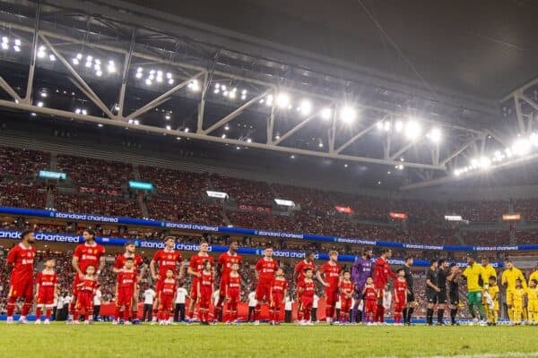 HONG KONG - Saturday, July 26, 2025: Players line-up during the Hong Kong Football Festival 2025 pre-season match against AC Milan at the Kai Tak Stadium in Hong Kong on Day Six of the club's Asia Tour. (Photo by David Rawcliffe/Propaganda)