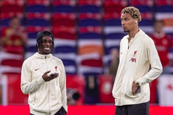 HONG KONG - Saturday, July 26, 2025: Liverpool's Jeremie Frimpong (L) and Hugo Ekitike before the Hong Kong Football Festival 2025 pre-season match against AC Milan at the Kai Tak Stadium in Hong Kong on Day Six of the club's Asia Tour. (Photo by David Rawcliffe/Propaganda)